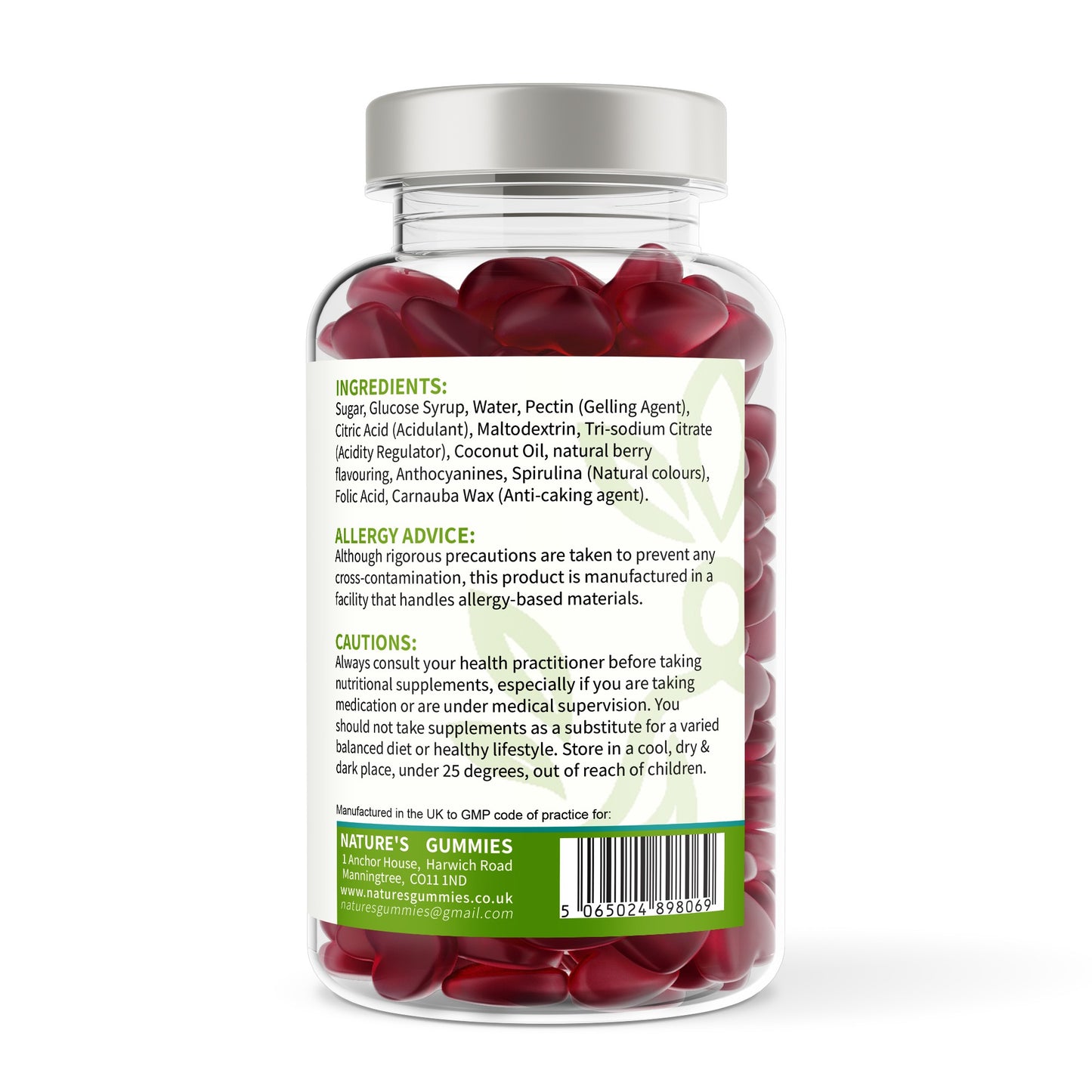 Jar of red gummy bears with a label on a white background