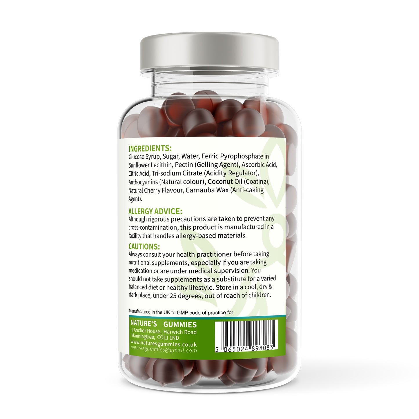 Jar of gummies with a label showing ingredients and allergen information on a white background