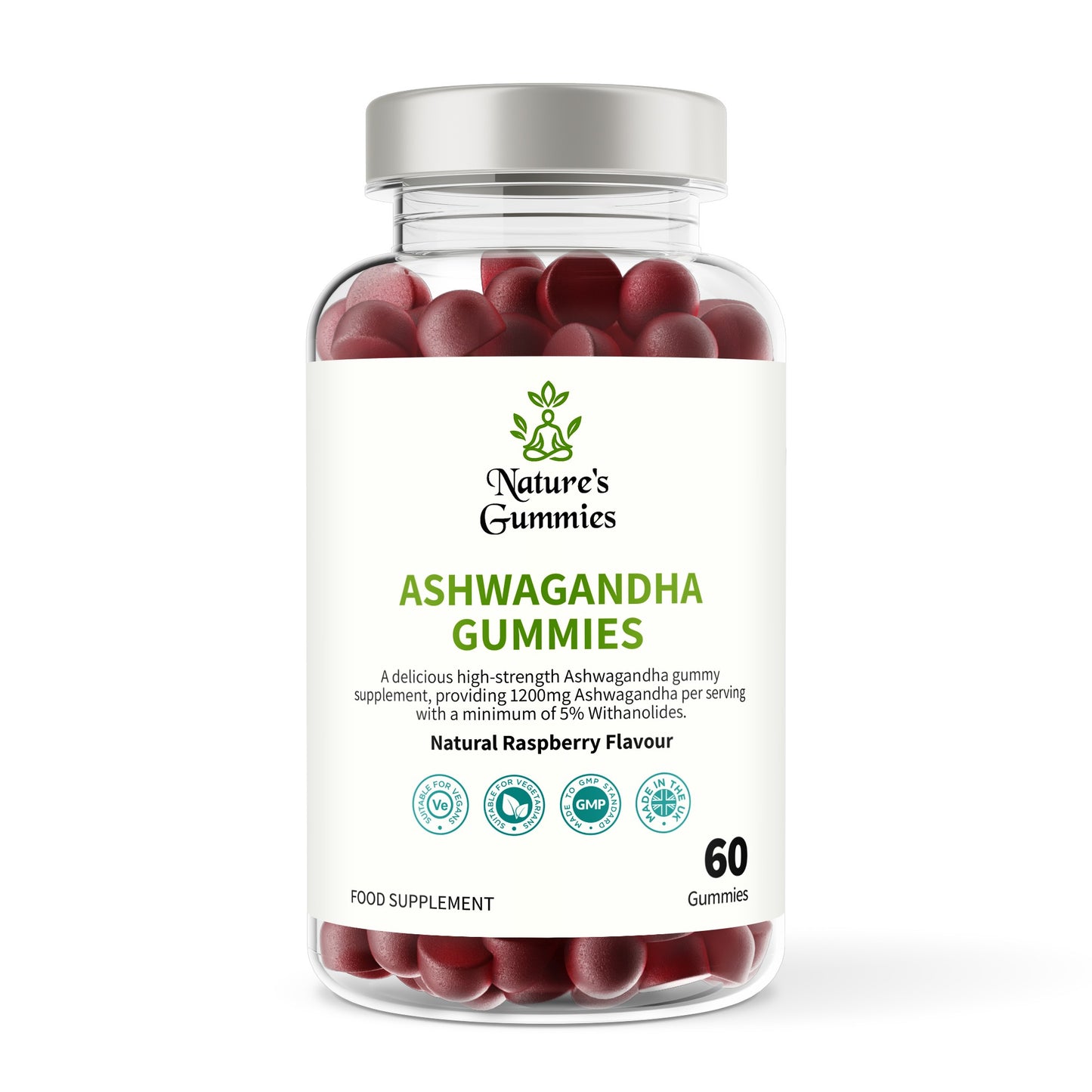 Bottle of Nature's Gummies Ashwagandha Gummies with a white label on a white background