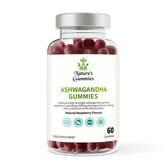 Bottle of Nature's Gummies Ashwagandha Gummies with a white label on a white background