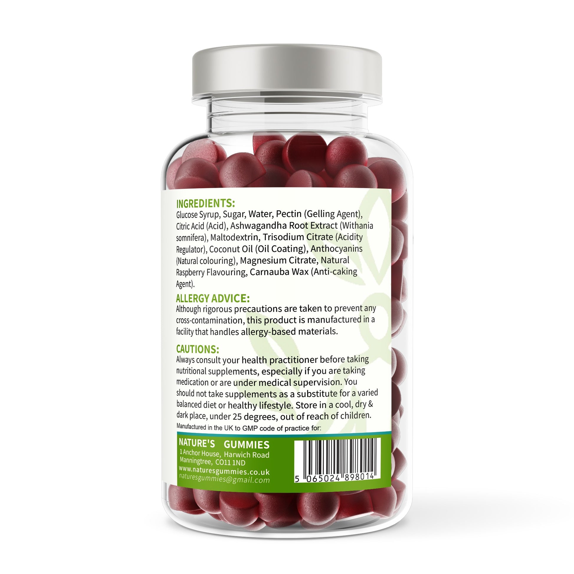 Jar of gummy bears with a label on a white background