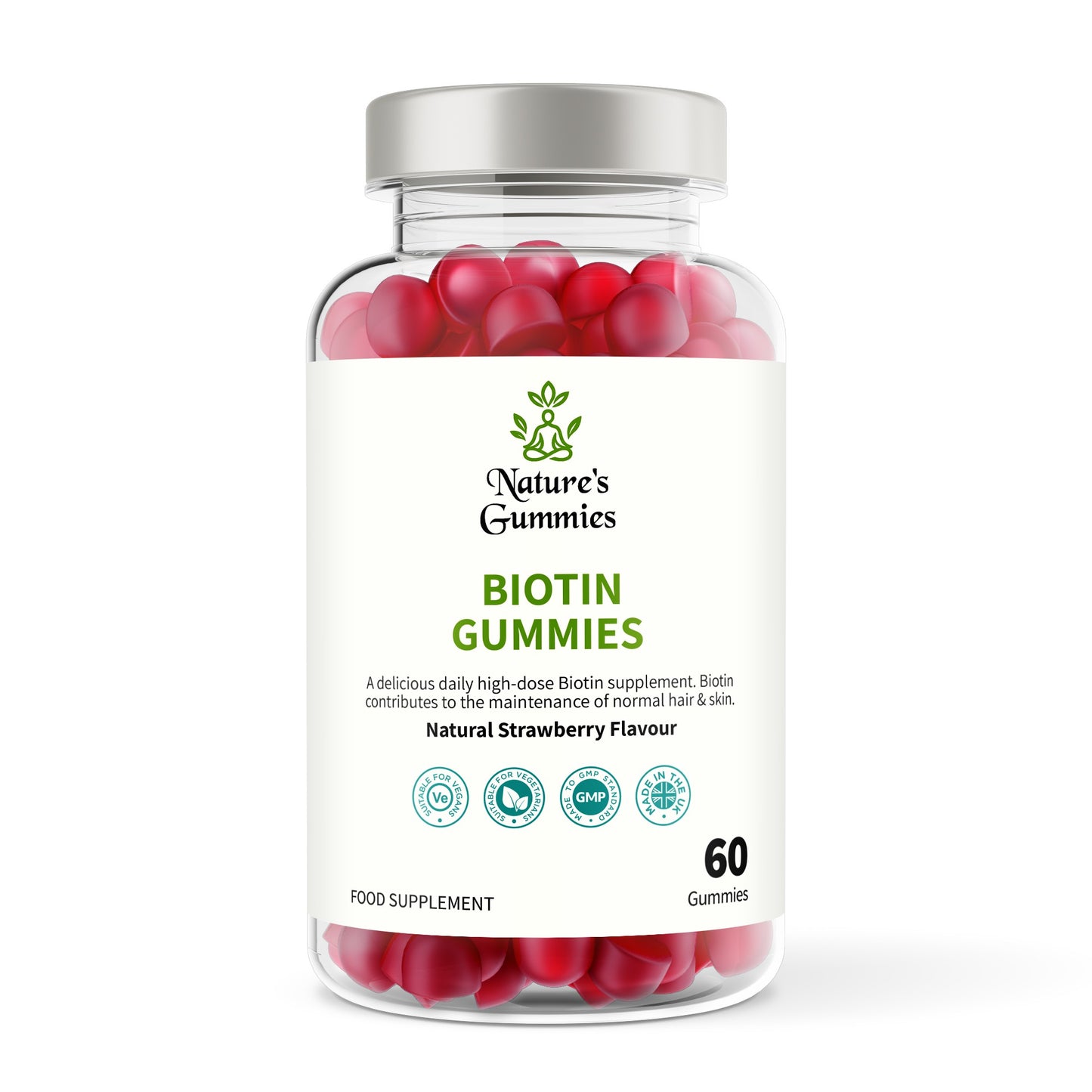 Bottle of Nature's Gummies Biotin Gummies with red gummies inside on a white background