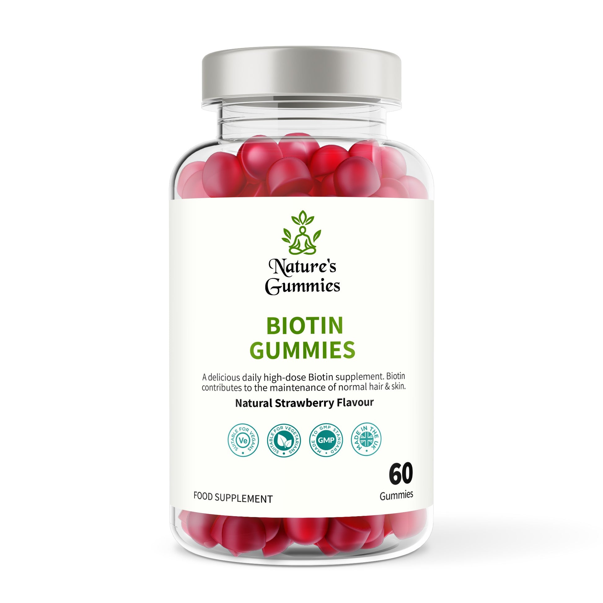 Bottle of Nature's Gummies Biotin Gummies with red gummies inside on a white background