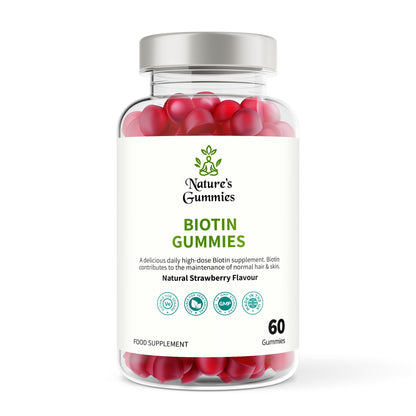 Bottle of Nature's Gummies Biotin Gummies with red gummies inside on a white background