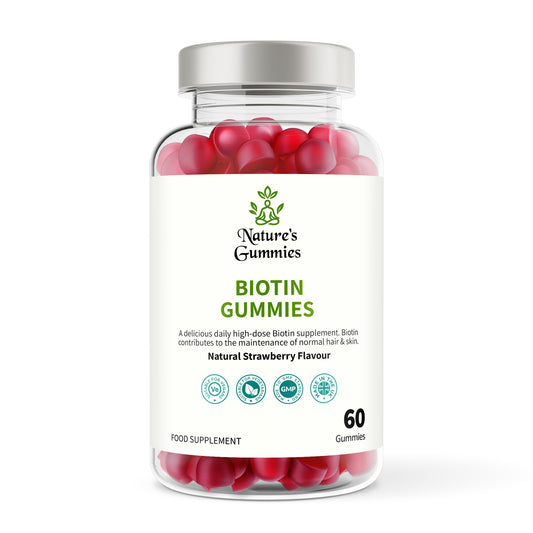 Bottle of Nature's Gummies Biotin Gummies with red gummies inside on a white background