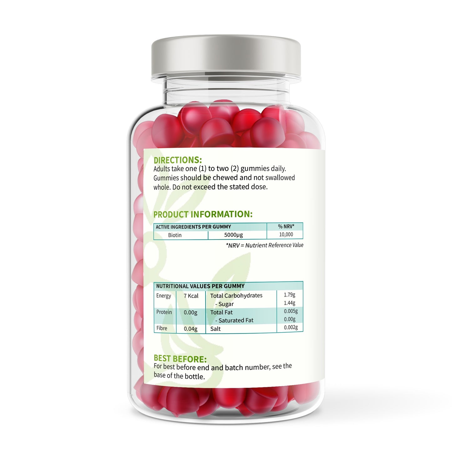 Jar of red gummies with label on a white background