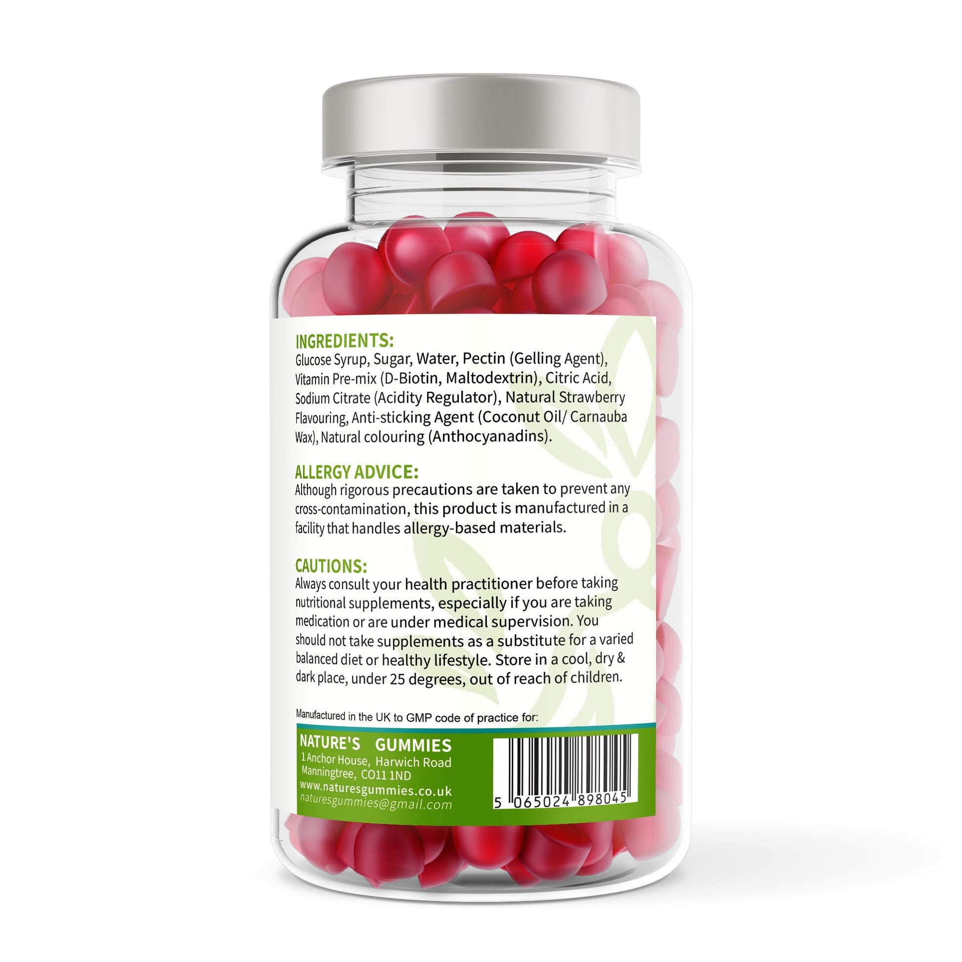 Jar of red gummy bears with a label on a white background