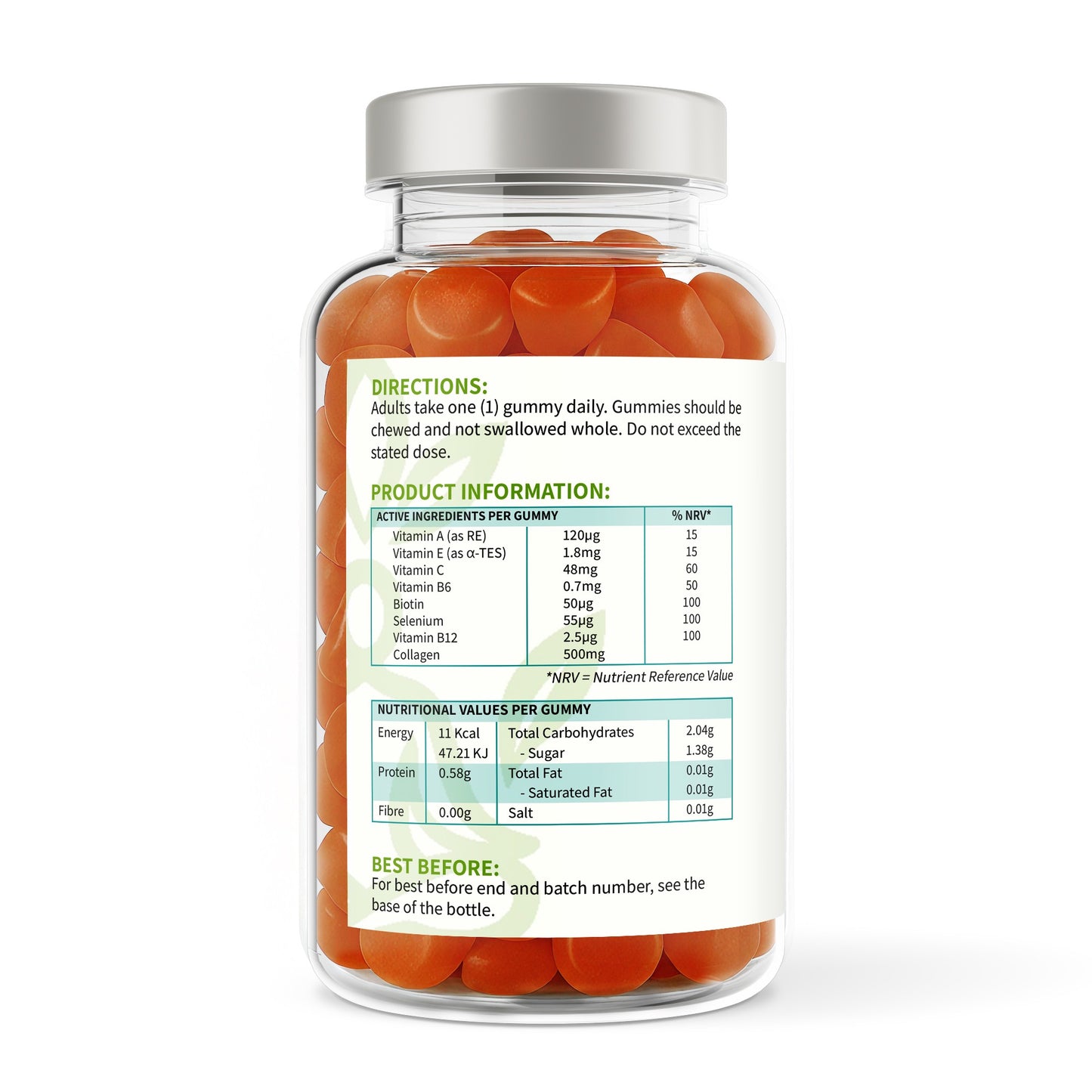 Jar of gummy vitamins with label on a white background