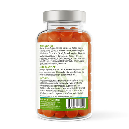 Jar of gummy supplements with a label showing ingredients and allergen information on a white background.