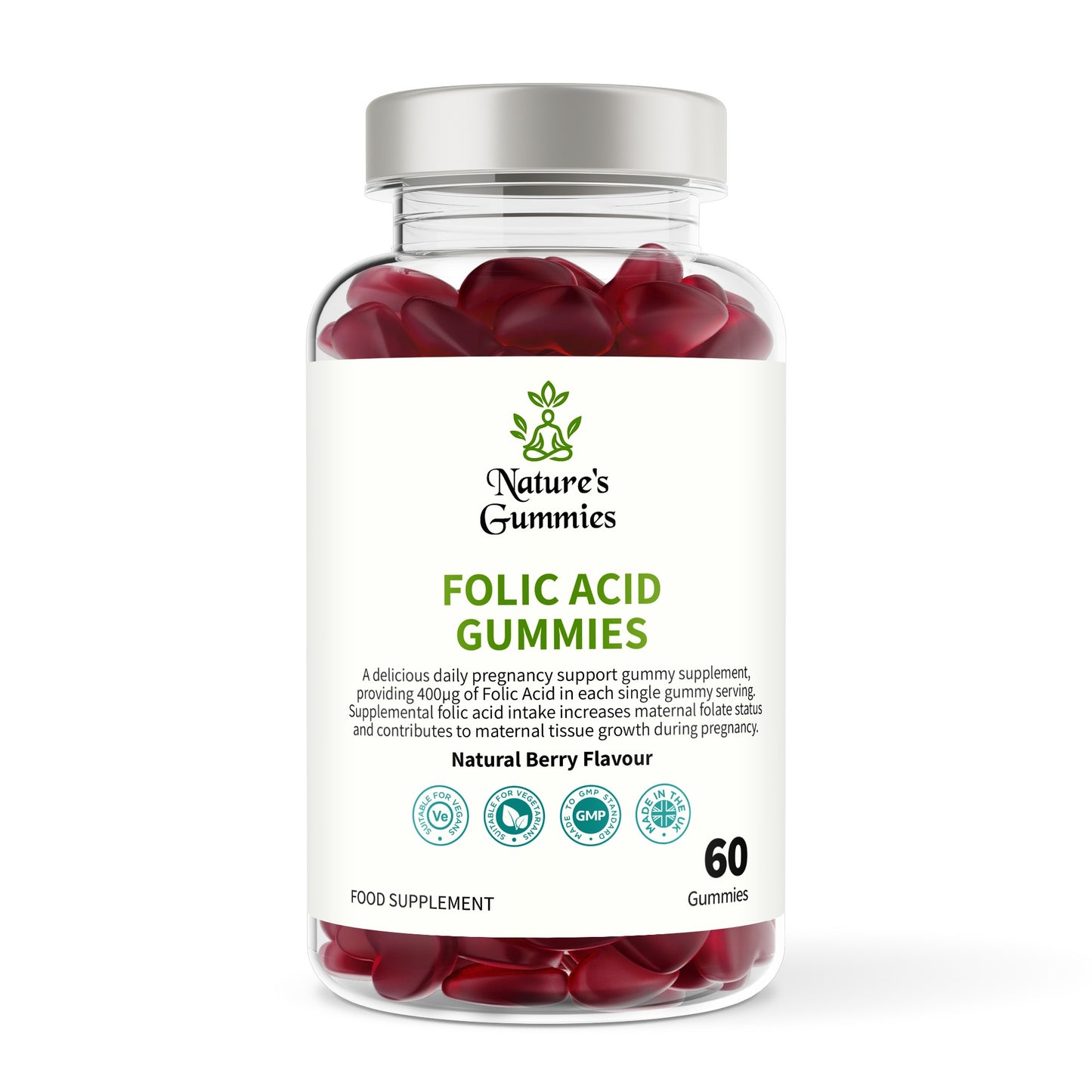 Bottle of Nature's Gummies Folic Acid Gummies on a white background