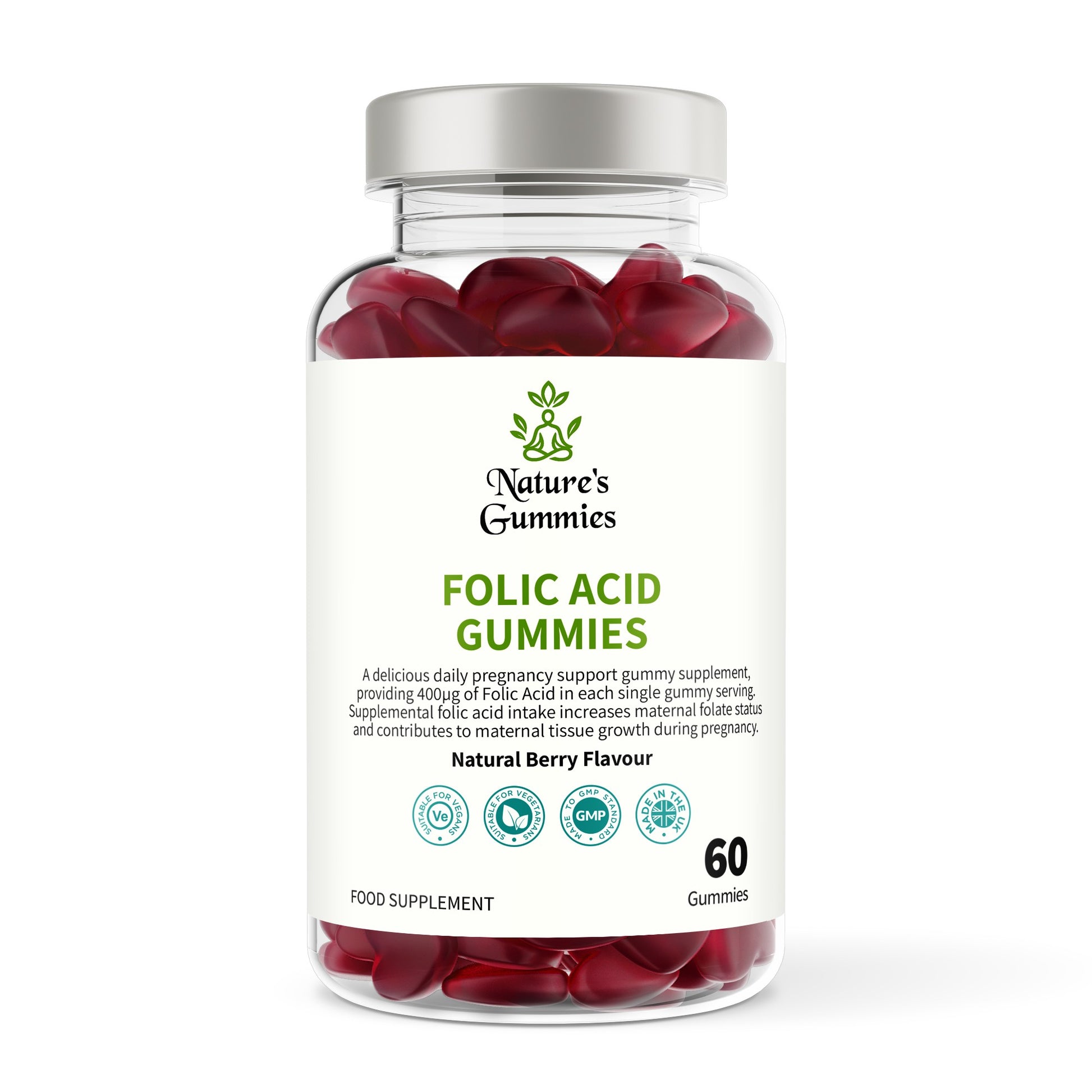 Bottle of Nature's Gummies Folic Acid Gummies on a white background
