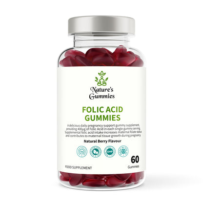 Bottle of Nature's Gummies Folic Acid Gummies on a white background