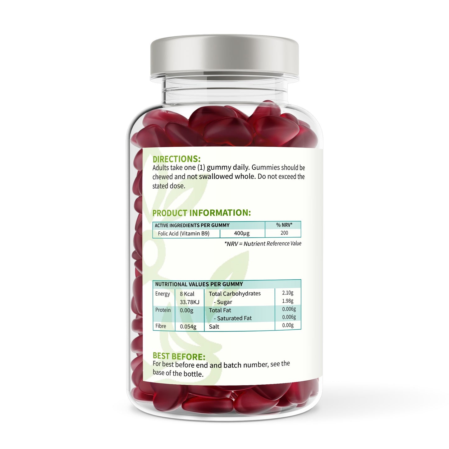 Jar of red gummy vitamins with label on a white background