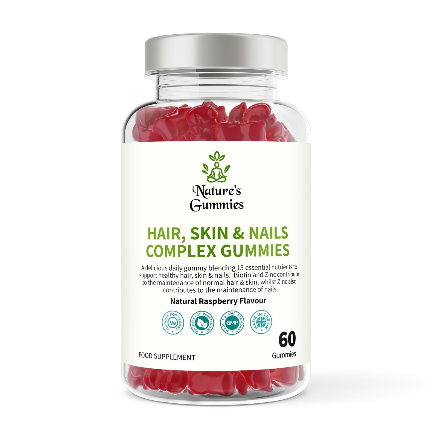 Bottle of Nature's Gummies Hair, Skin & Nails Complex Gummies on a white background