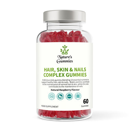 Bottle of Nature's Gummies Hair, Skin & Nails Complex Gummies on a white background