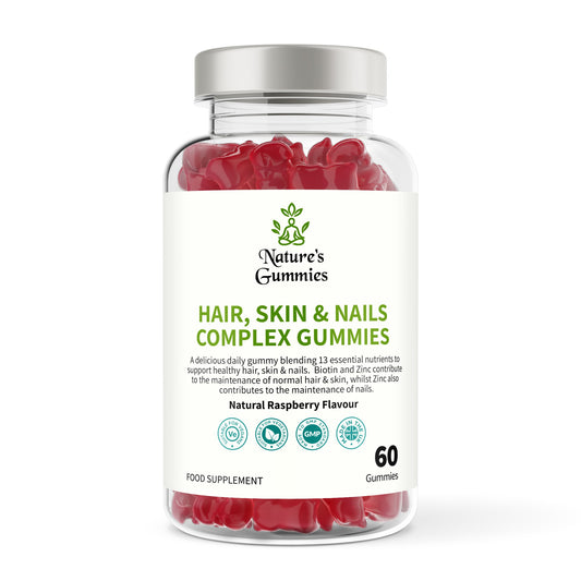 Bottle of Nature's Gummies Hair, Skin & Nails Complex Gummies on a white background