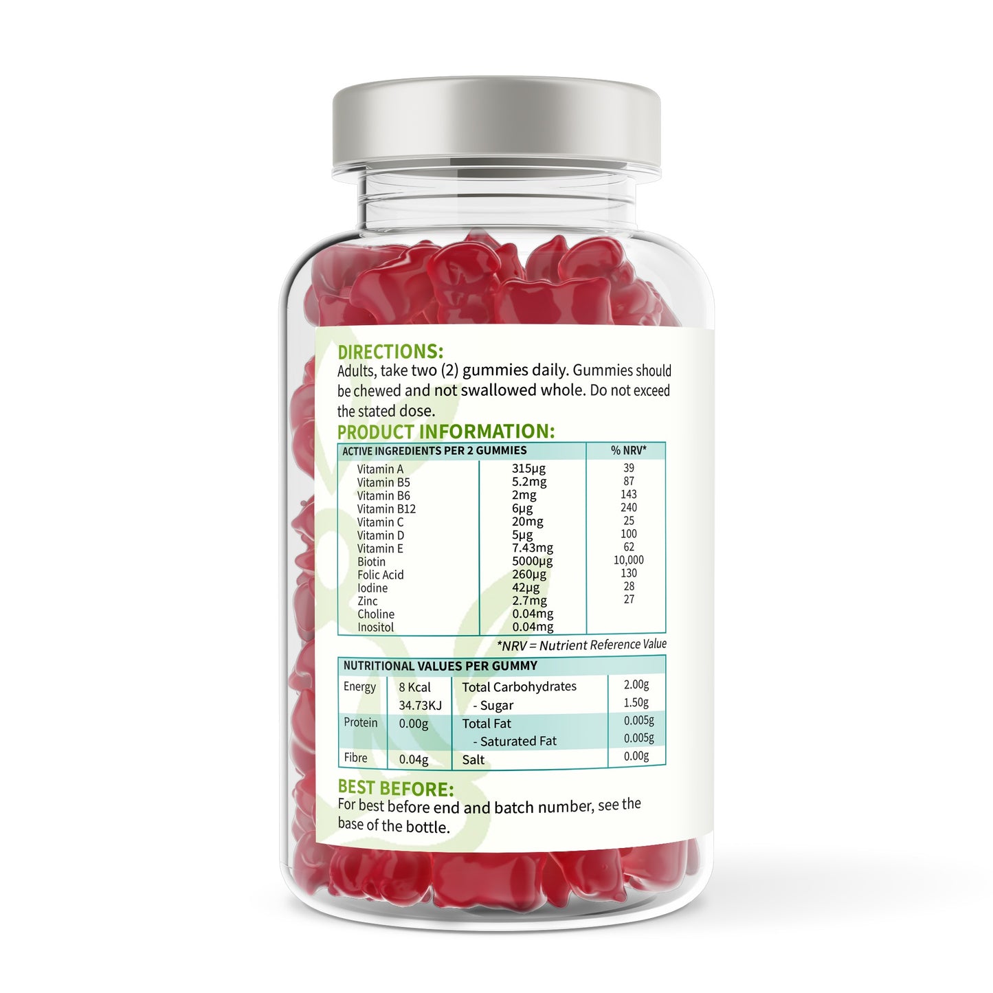 Bottle of red gummy vitamins with label on a white background