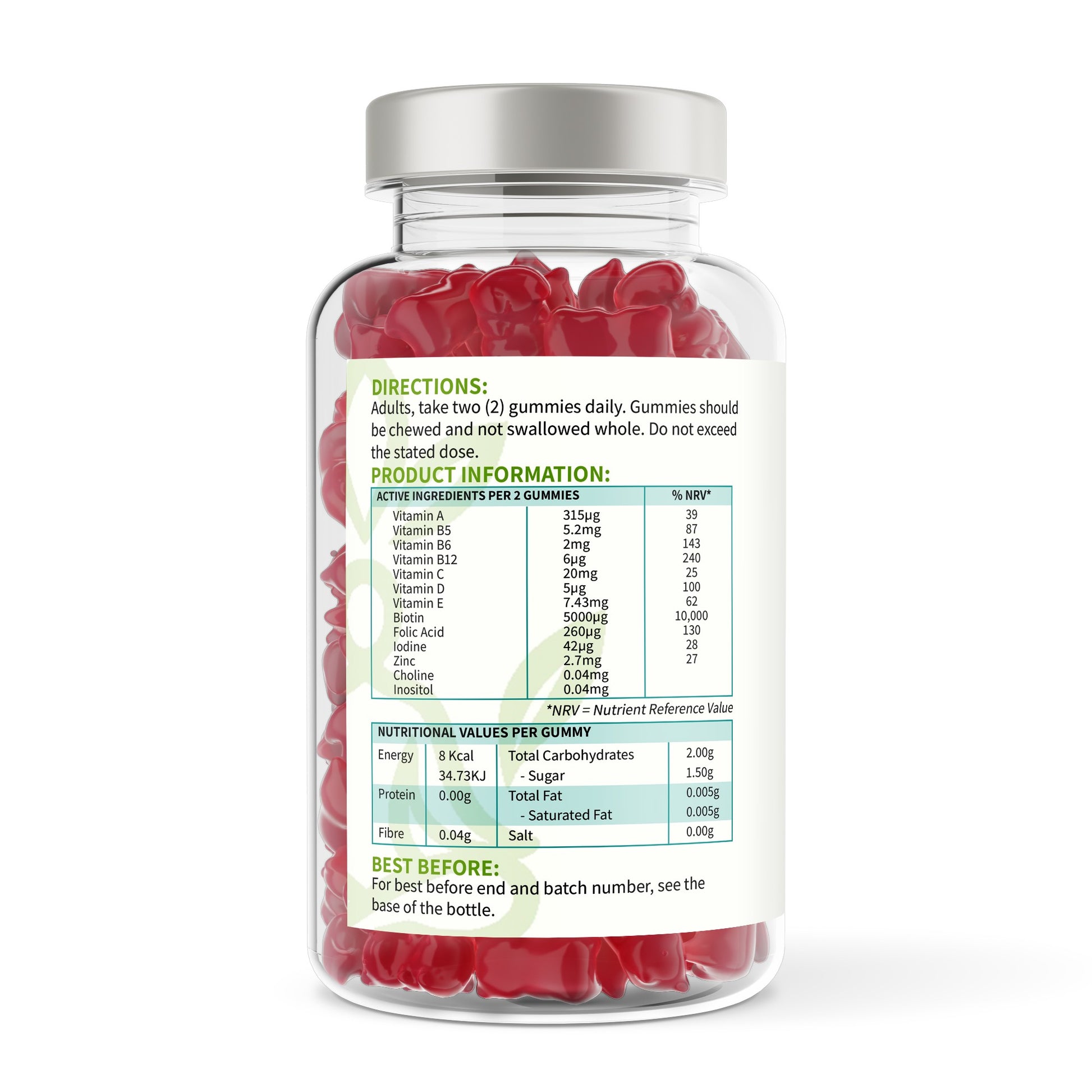 Bottle of red gummy vitamins with label on a white background