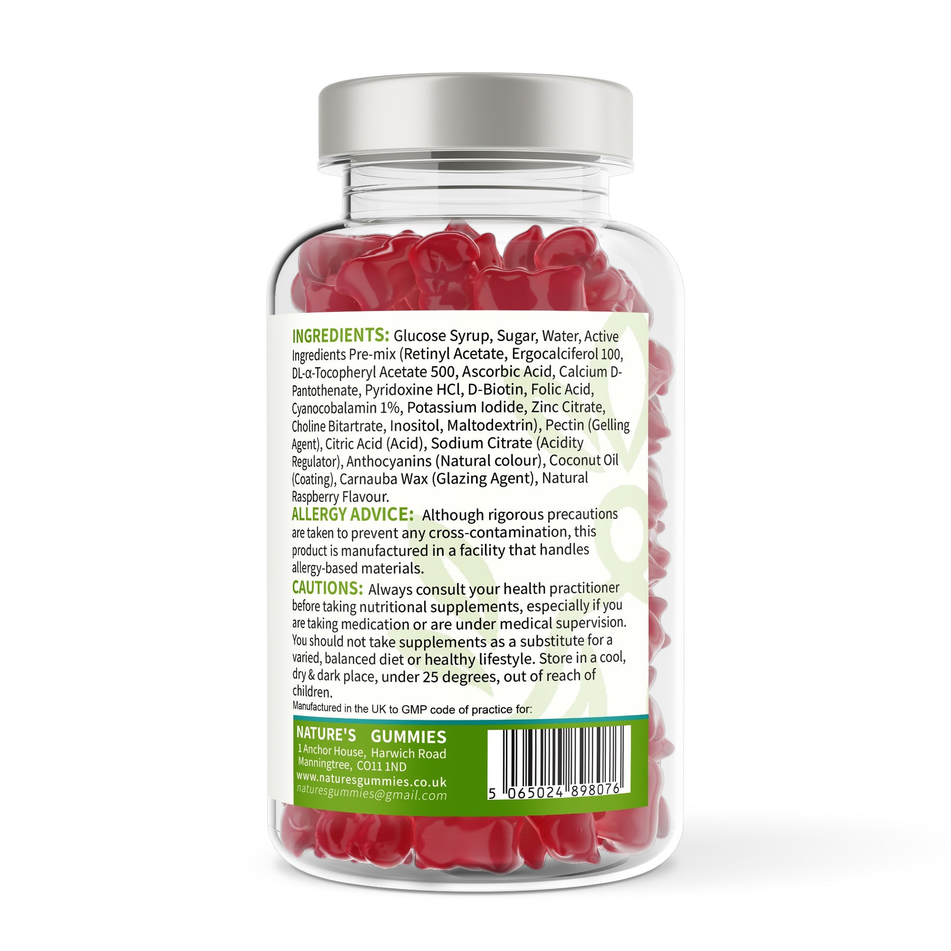Jar of red gummy supplements with a label on a white background