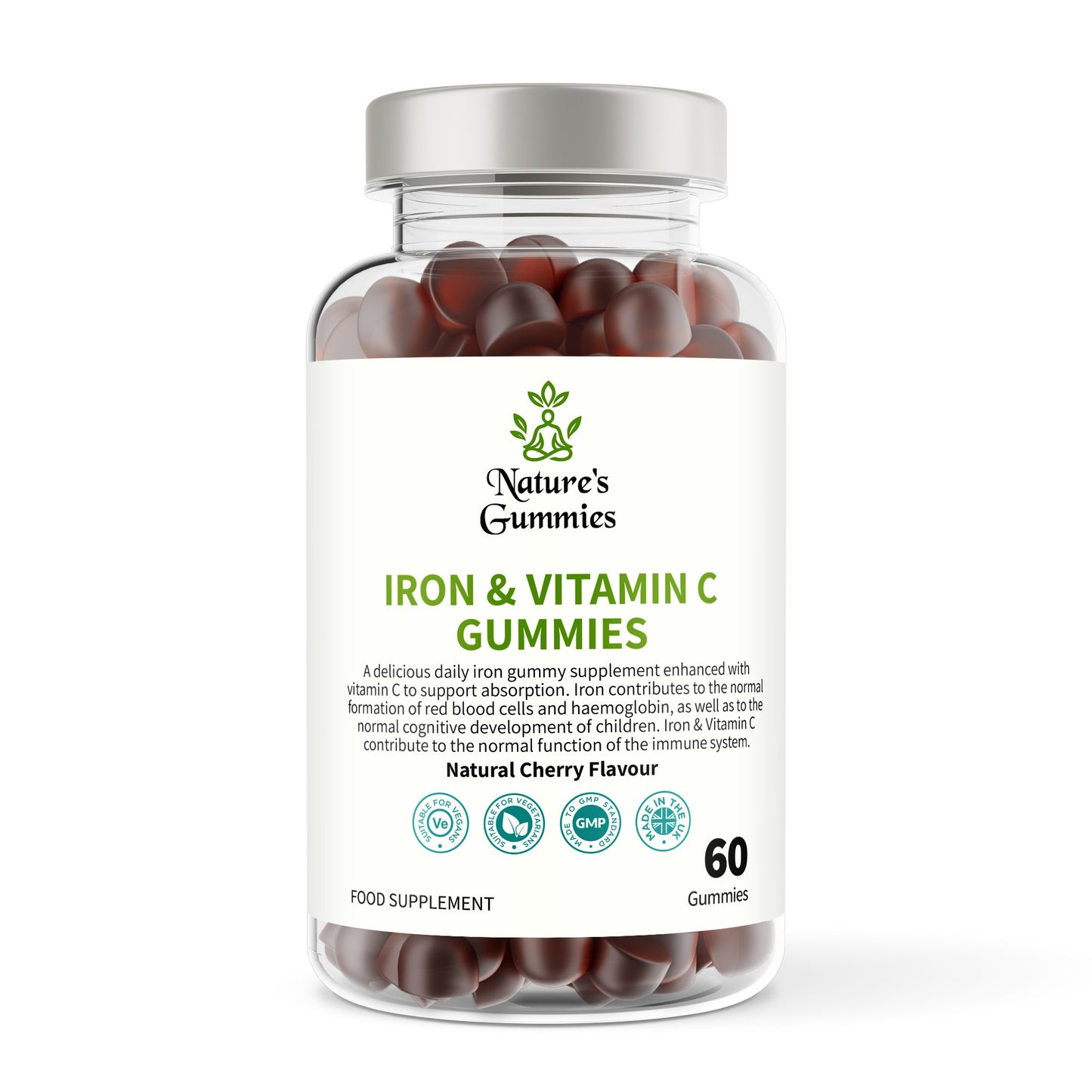 Bottle of Nature's Gummies Iron & Vitamin C Gummies on a white background