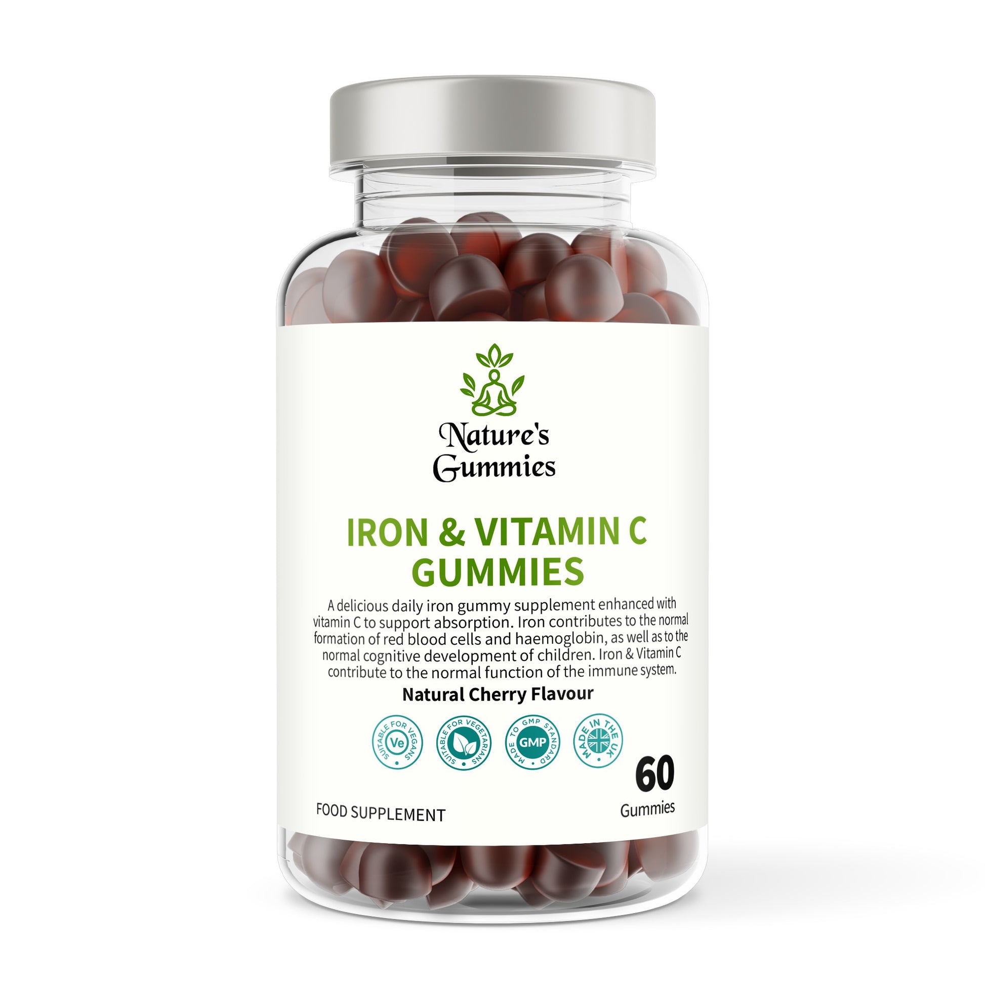 Bottle of Nature's Gummies Iron & Vitamin C Gummies on a white background