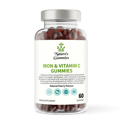 Bottle of Nature's Gummies Iron & Vitamin C Gummies on a white background