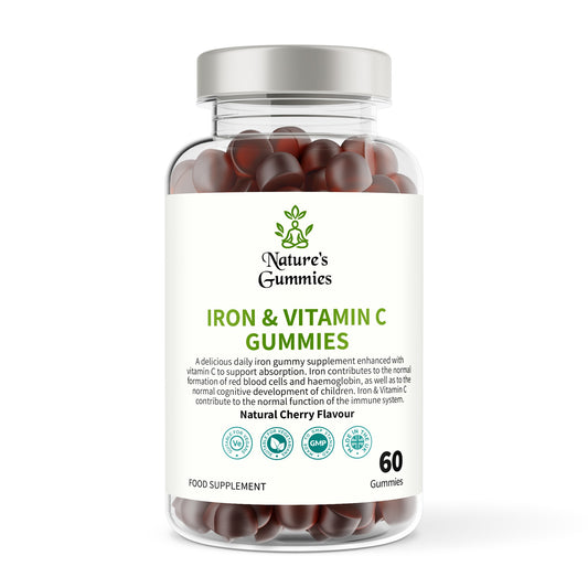 Bottle of Nature's Gummies Iron & Vitamin C Gummies on a white background