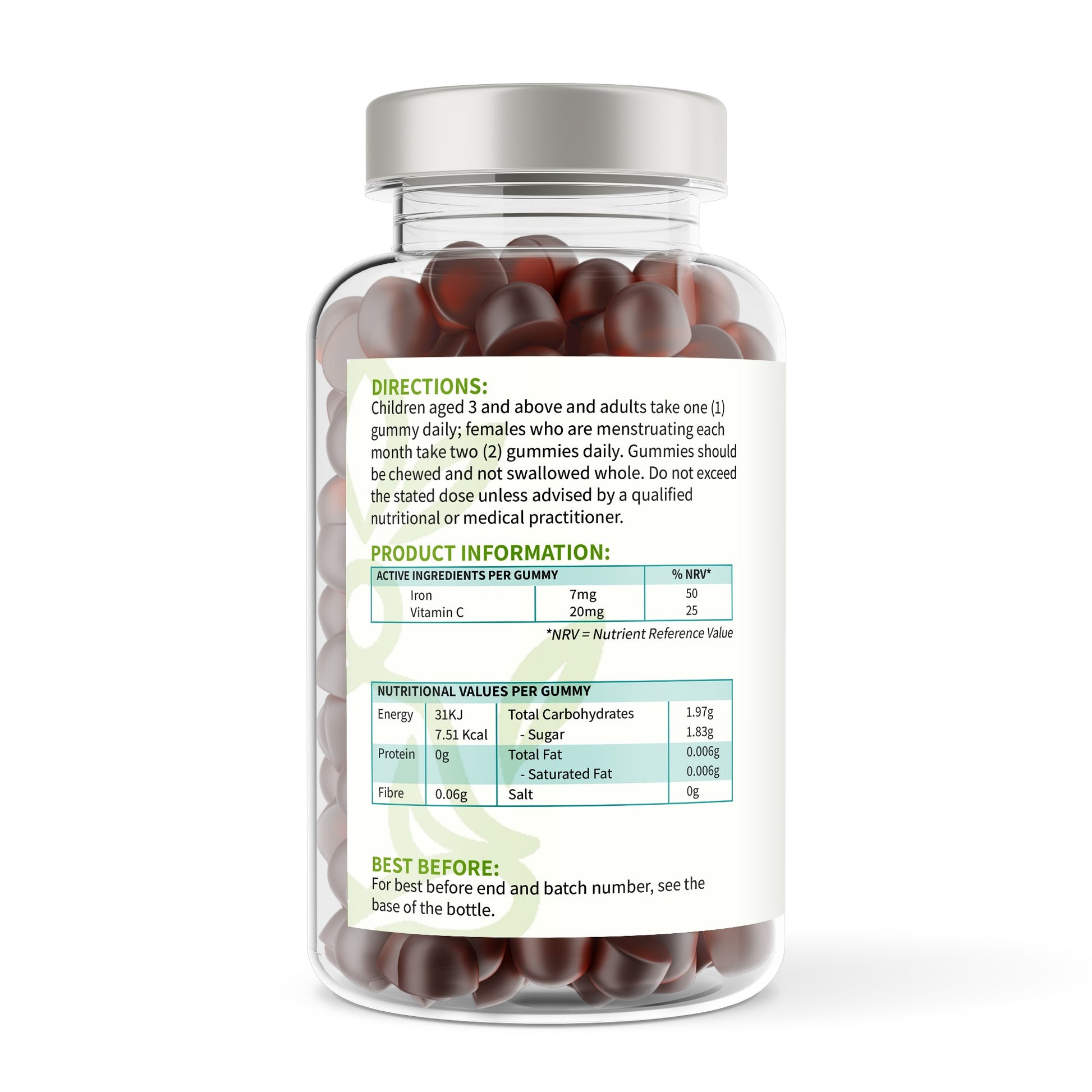 Jar of gummy vitamins with label on a white background
