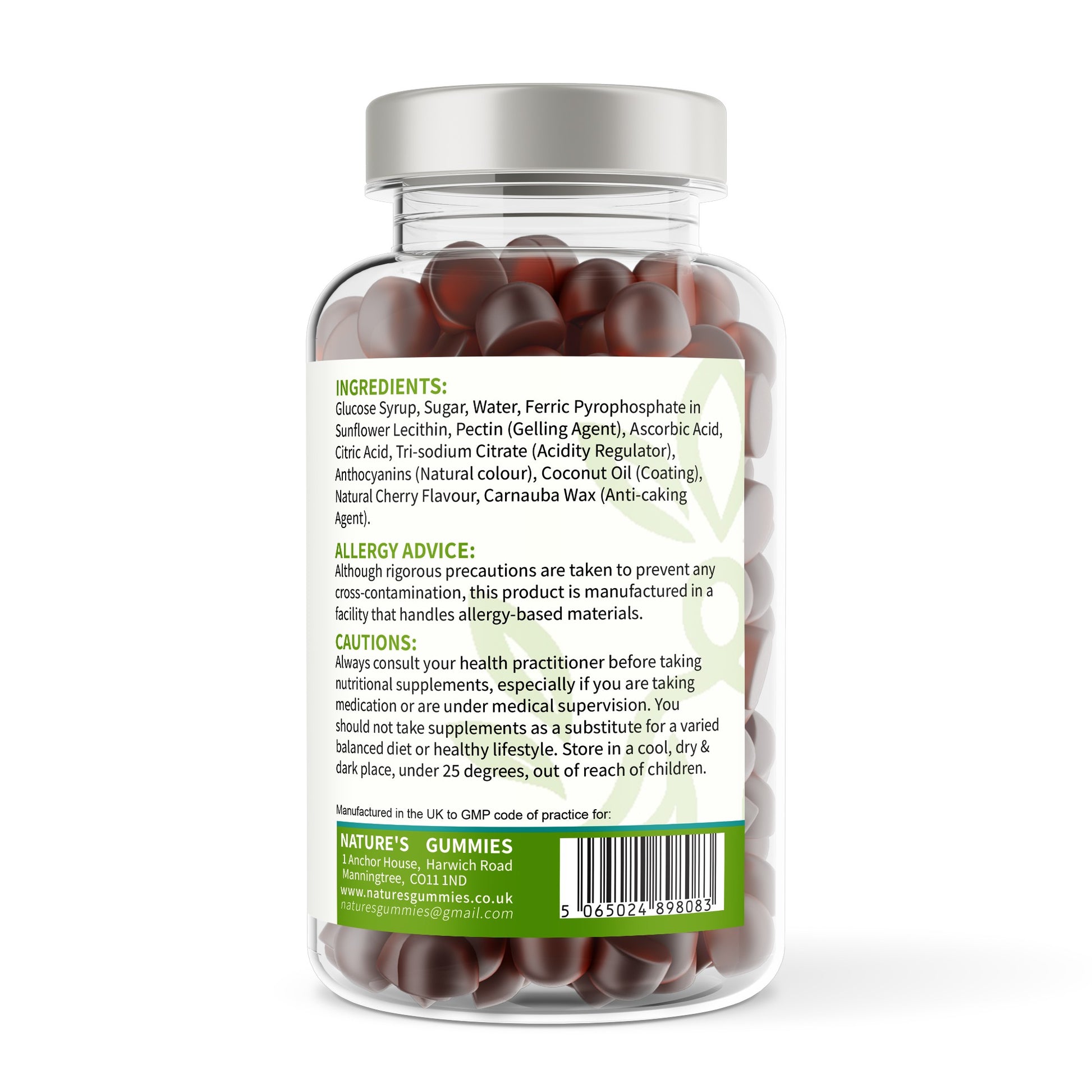 Jar of gummies with a label showing ingredients and allergen information on a white background