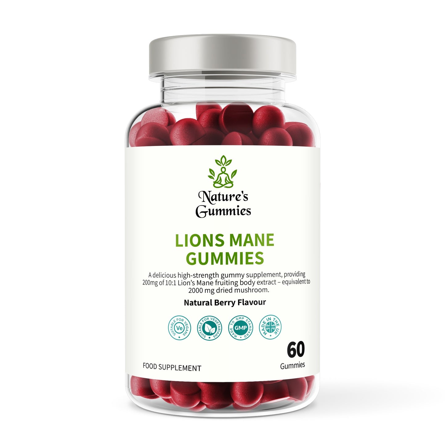 Bottle of Nature's Gummies Lions Mane Gummies with red gummy bears on a white background