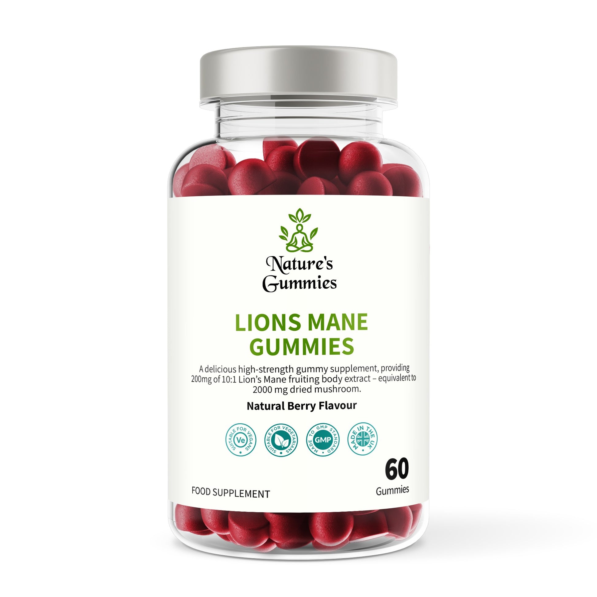 Bottle of Nature's Gummies Lions Mane Gummies with red gummy bears on a white background
