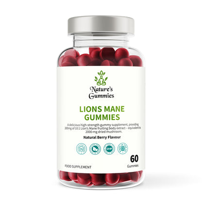 Bottle of Nature's Gummies Lions Mane Gummies with red gummy bears on a white background