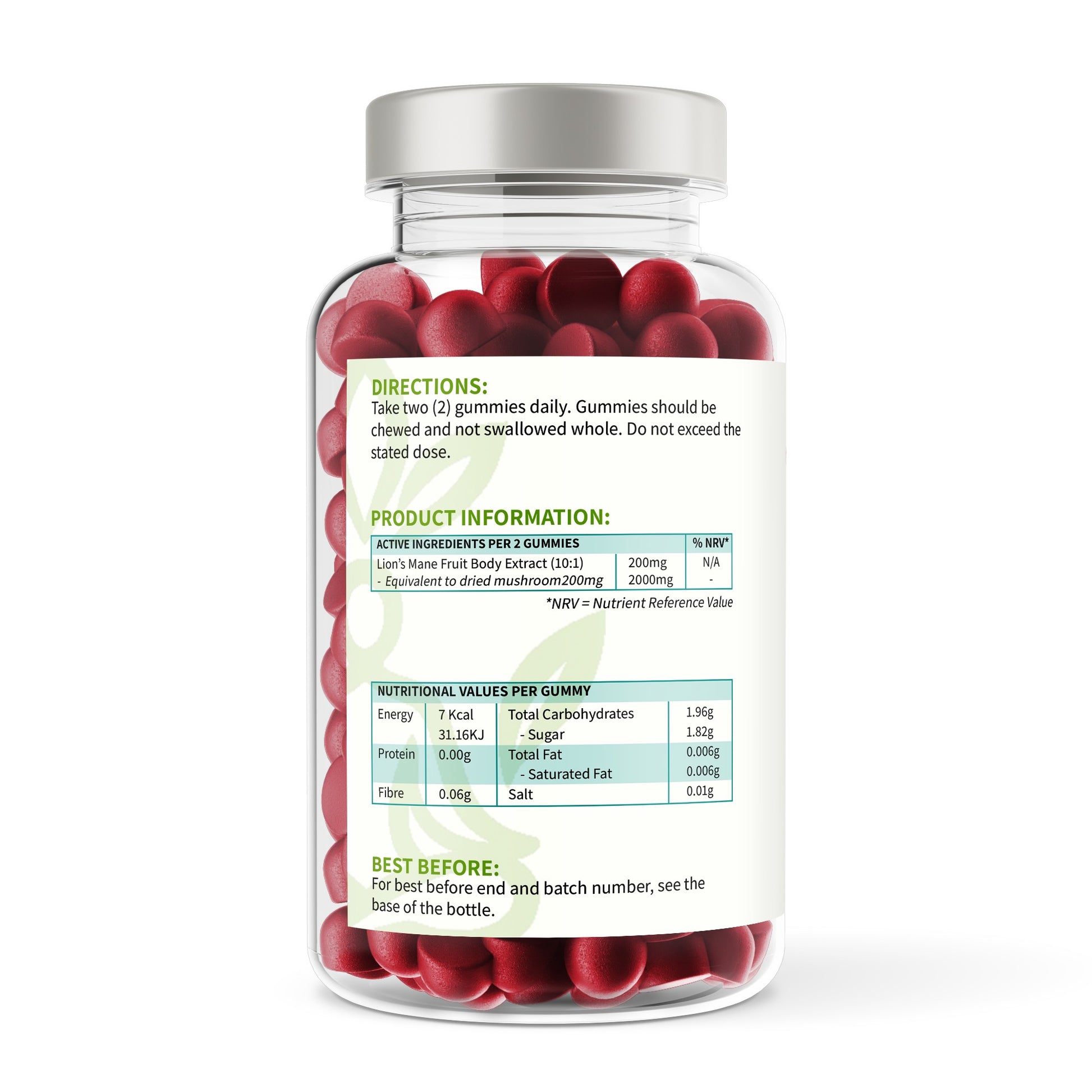 Jar of red gummies with label on a white background