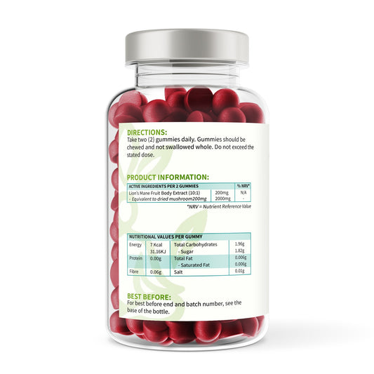 Jar of red gummies with label on a white background