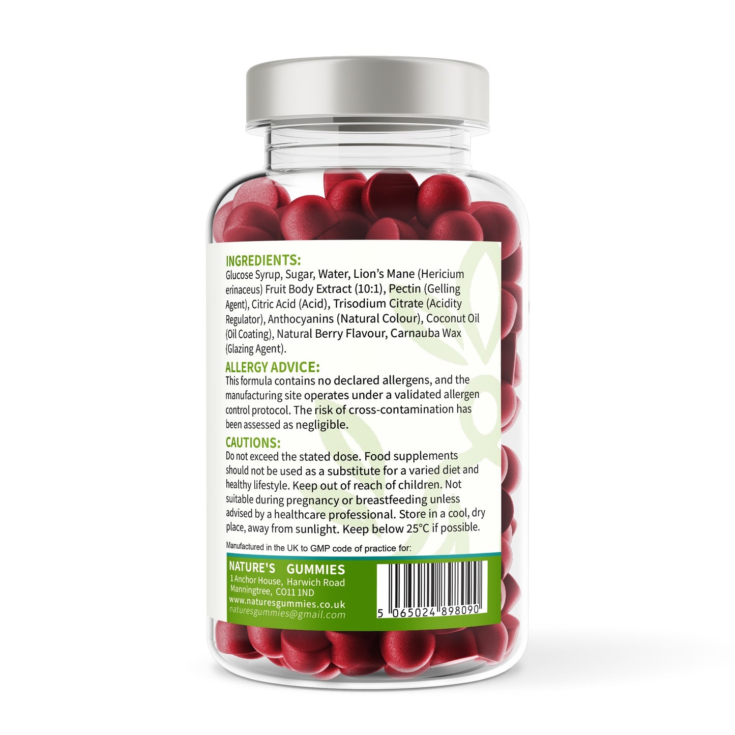 Jar of red gummies with a label on a white background