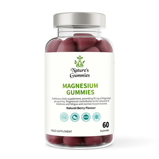 Bottle of Nature's Gummies Magnesium Gummies with a white label on a white background