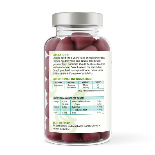 Jar of gummies with nutritional label on a white background