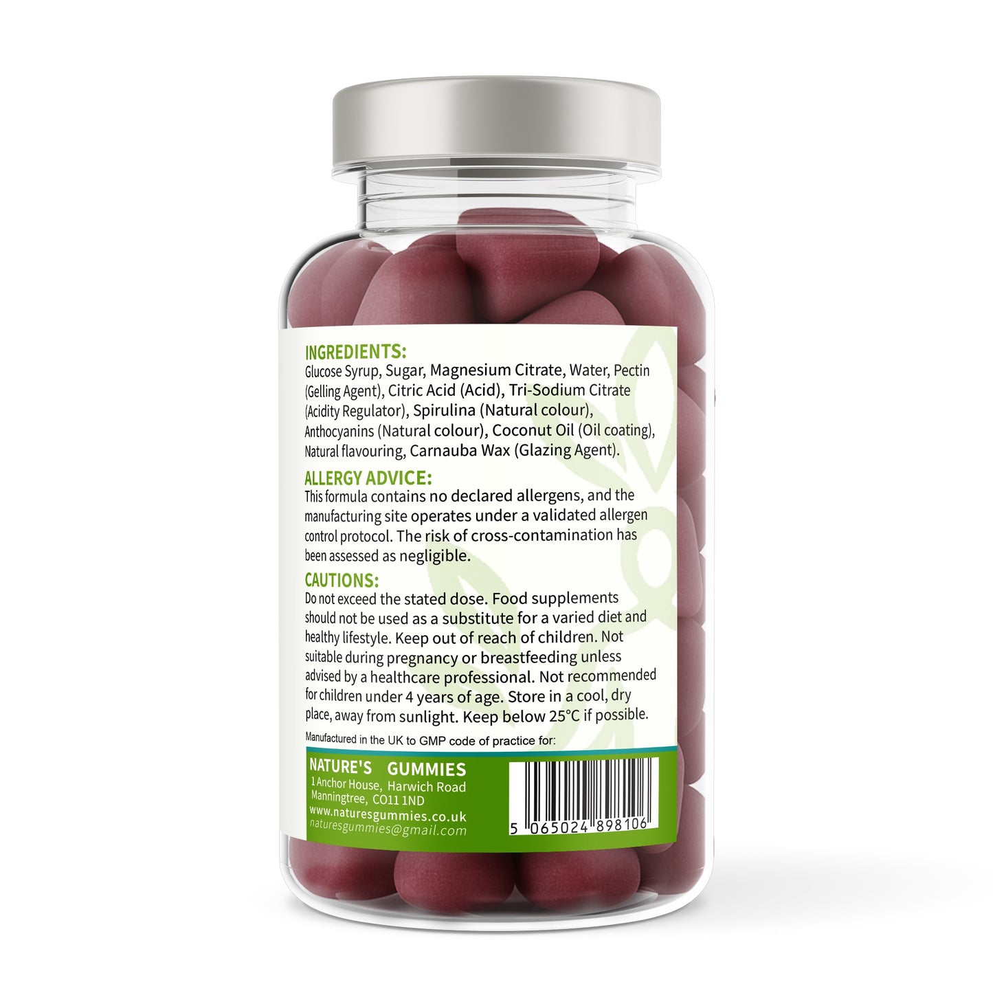 Jar of gummies with a label showing ingredients and allergen information on a white background