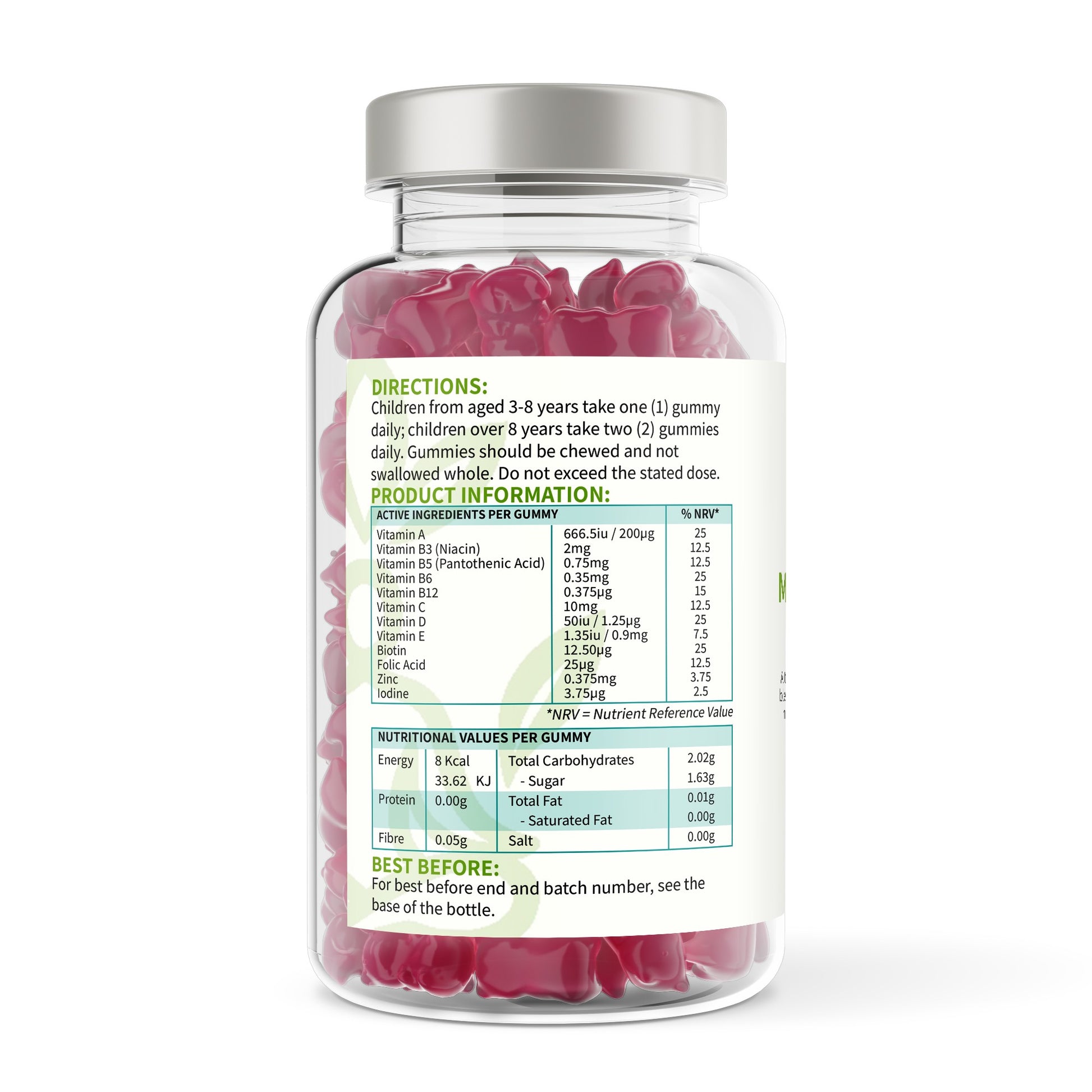 Bottle of gummy vitamins with label on a white background