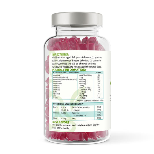 Bottle of gummy vitamins with label on a white background