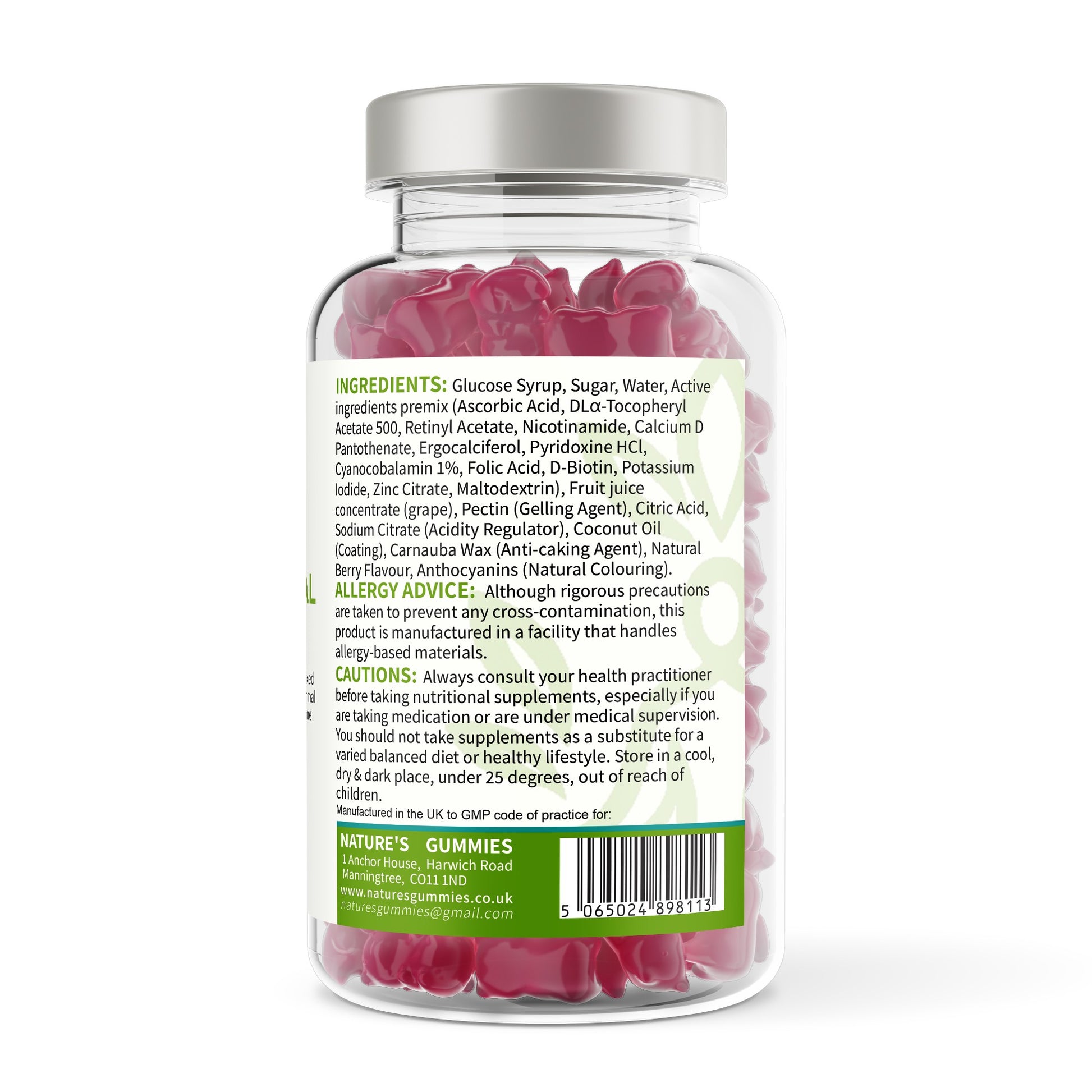 Jar of gummy vitamins with a label showing ingredients and allergen information on a white background