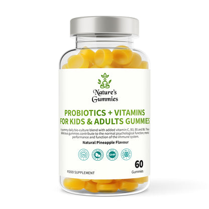 Bottle of Nature's Gummies Probiotics + Vitamins for Kids & Adults Gummies on a white background