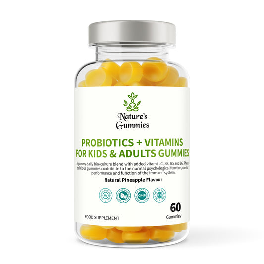 Bottle of Nature's Gummies Probiotics + Vitamins for Kids & Adults Gummies on a white background
