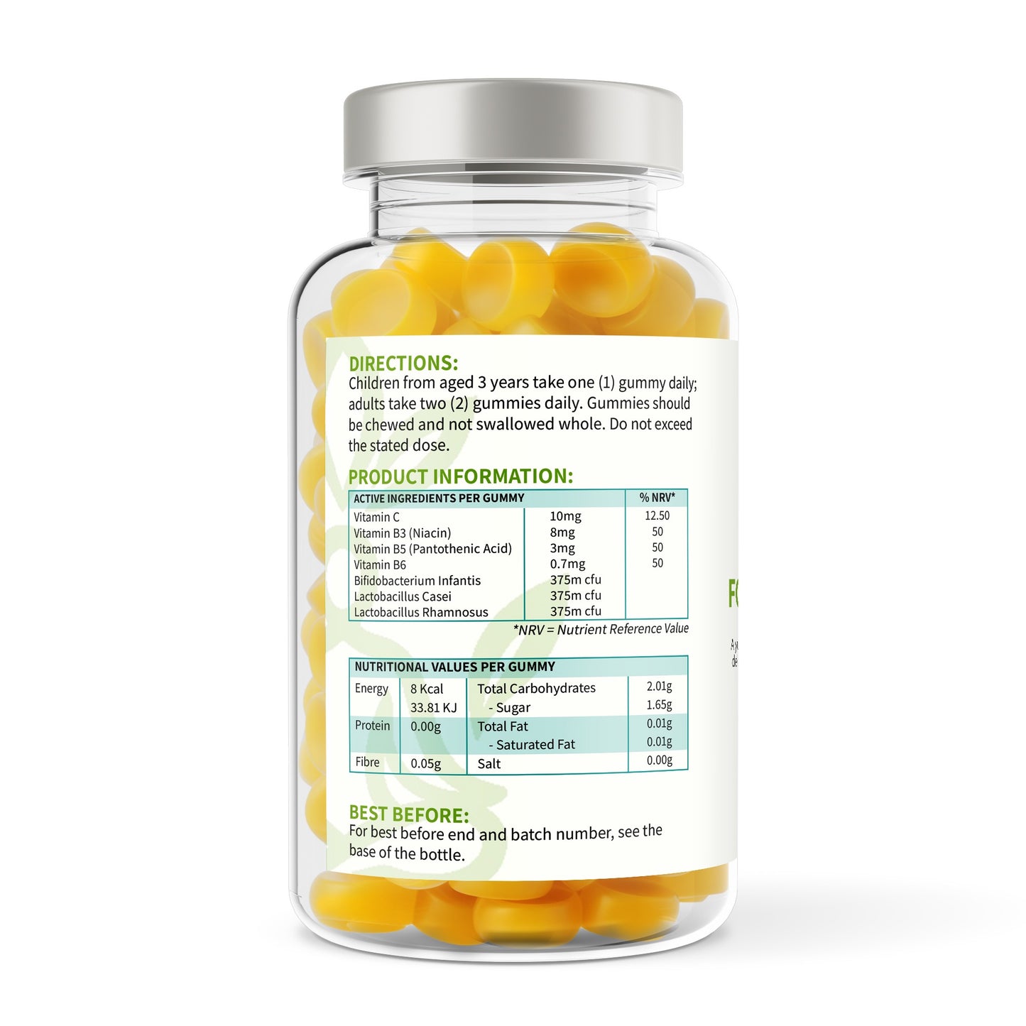 Bottle of gummy vitamins with label on a white background