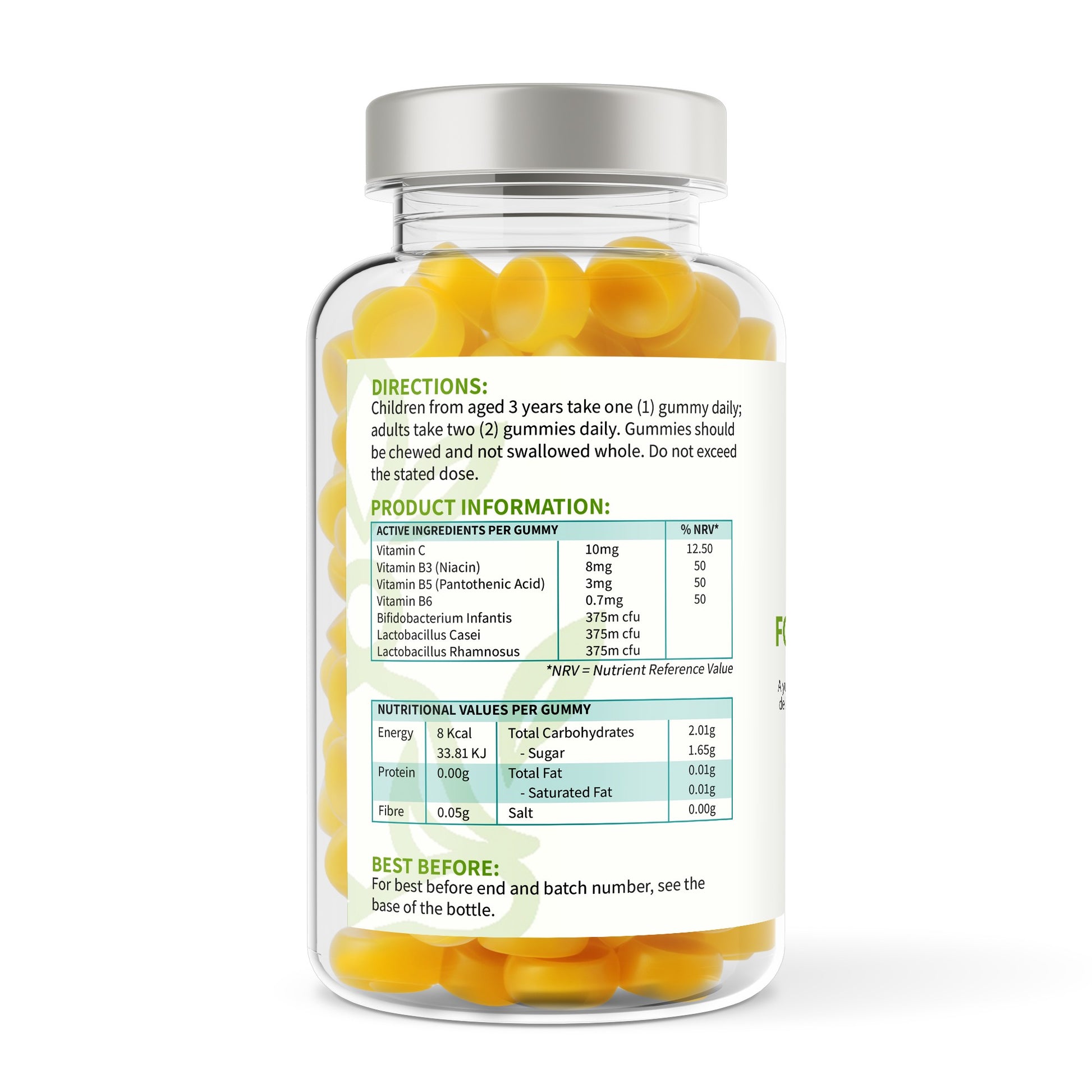 Bottle of gummy vitamins with label on a white background