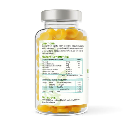 Bottle of gummy vitamins with label on a white background