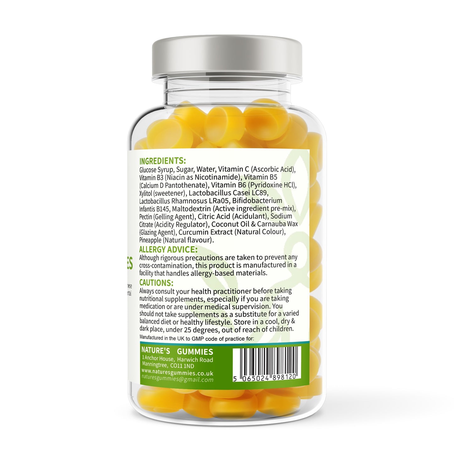 Jar of gummy vitamins with a label showing ingredients and allergen information on a white background