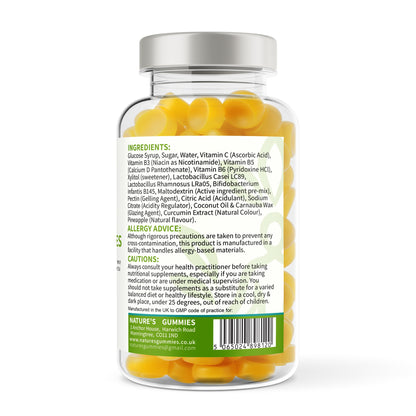 Jar of gummy vitamins with a label showing ingredients and allergen information on a white background