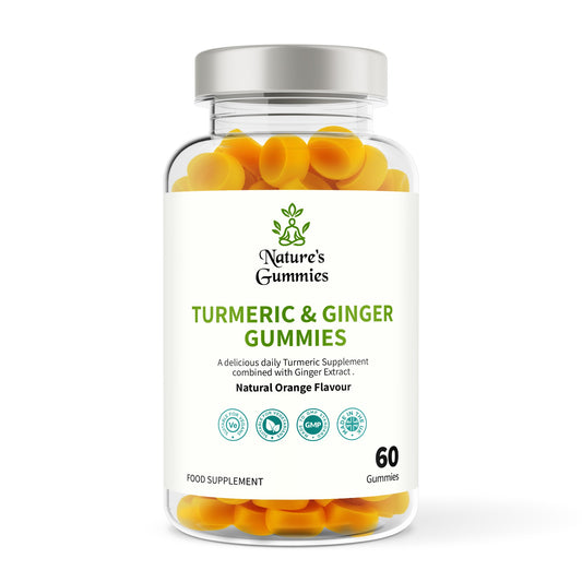 Bottle of Nature's Gummies Turmeric & Ginger Gummies on a white background