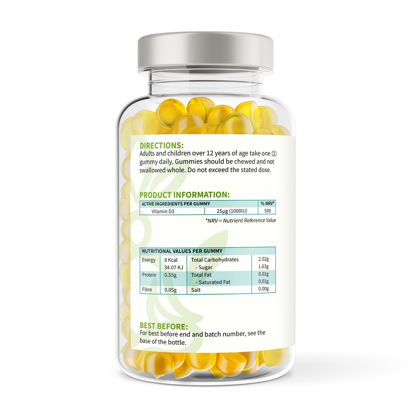 Jar of gummy vitamins with label on a white background